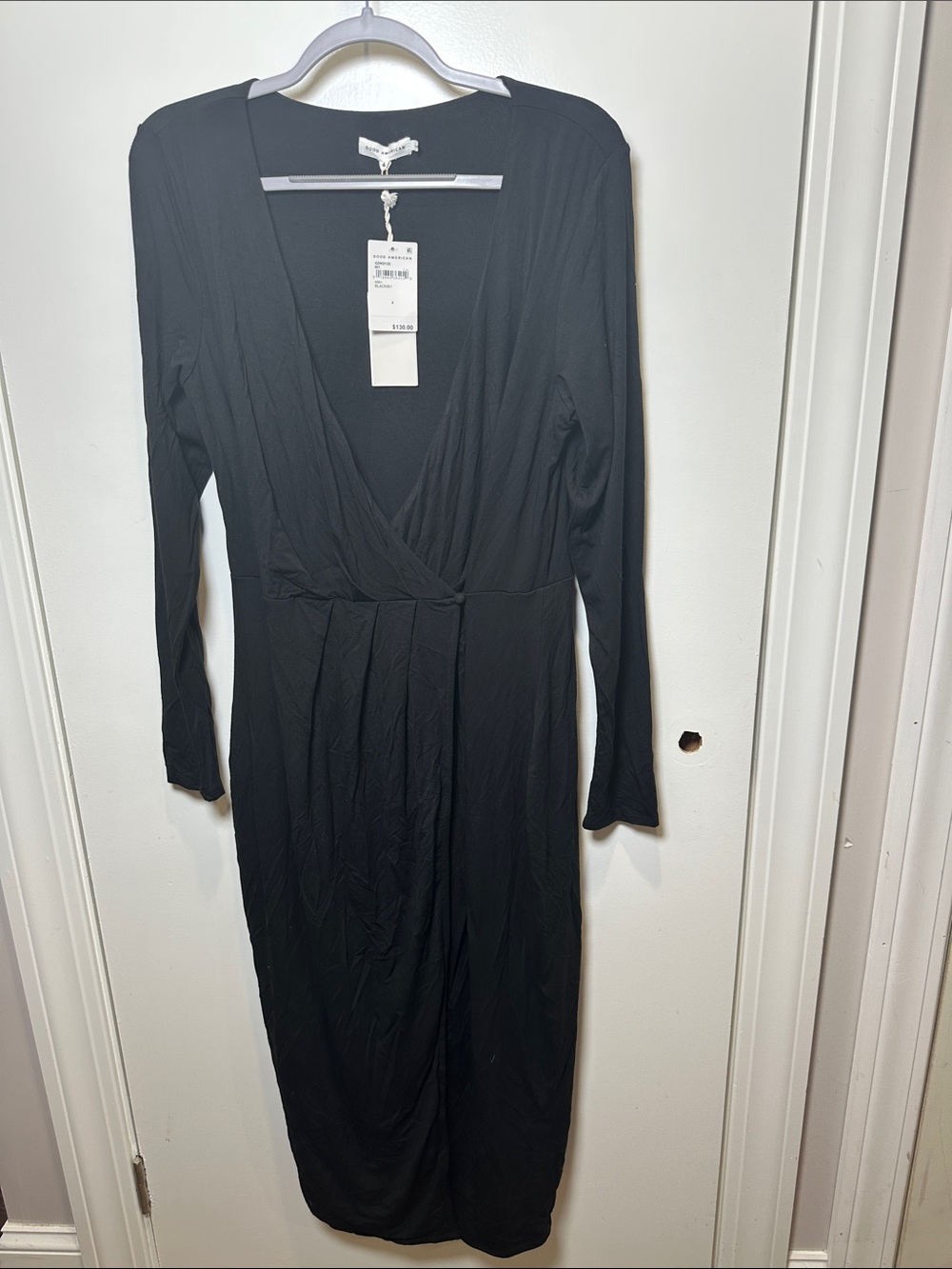 Good American Black Faux-Wrap Long Sleeve Midi Dress (101)